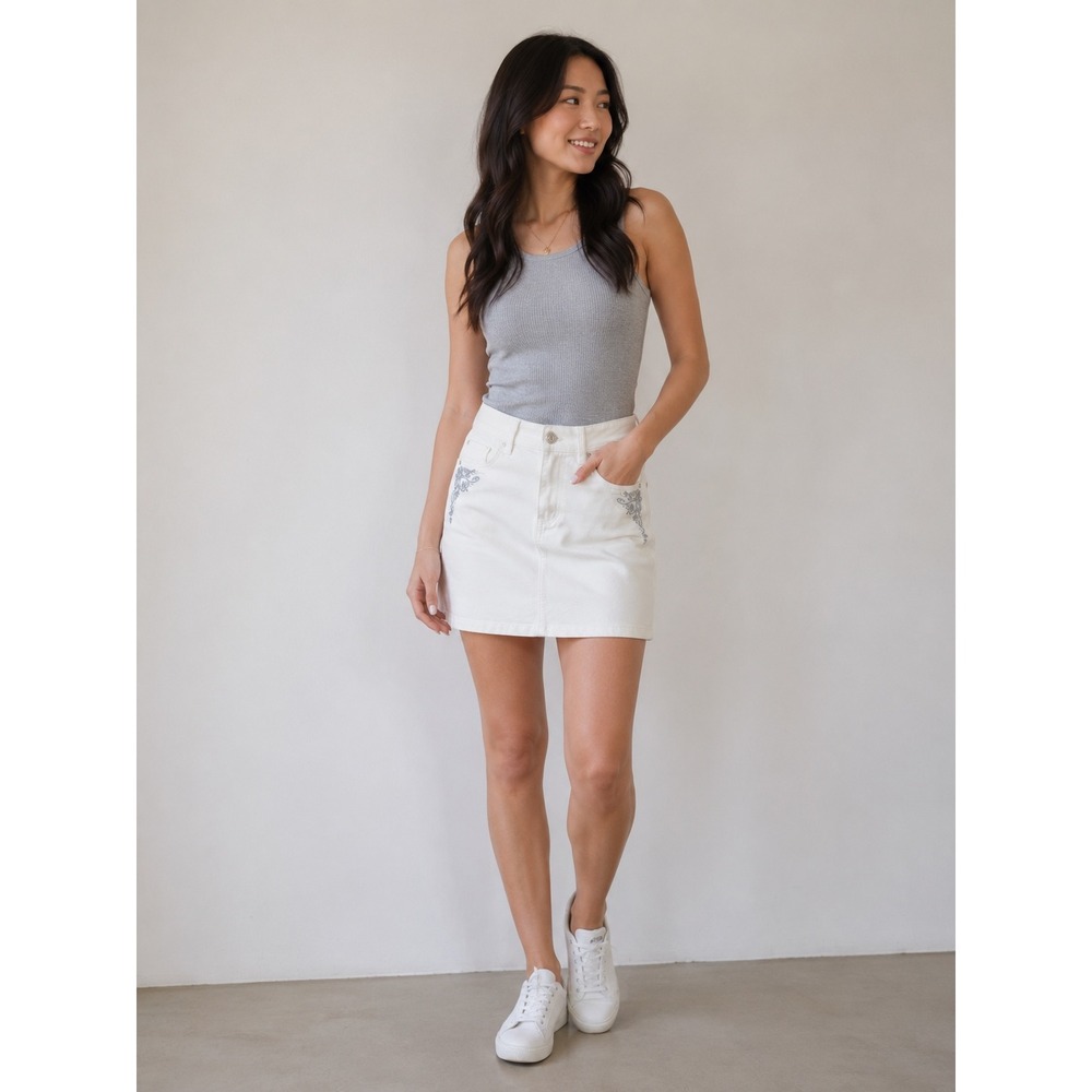 White House Black Market White Denim Mini Skirt Embellished‎ Size 4